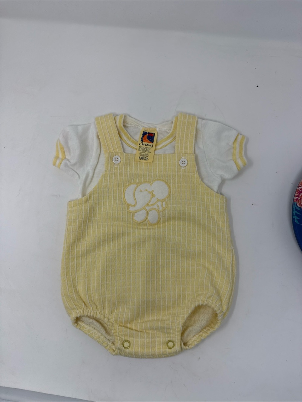 Yellow Pinstripe Elephant Baby Romper with White Tee Vintage Carter’s